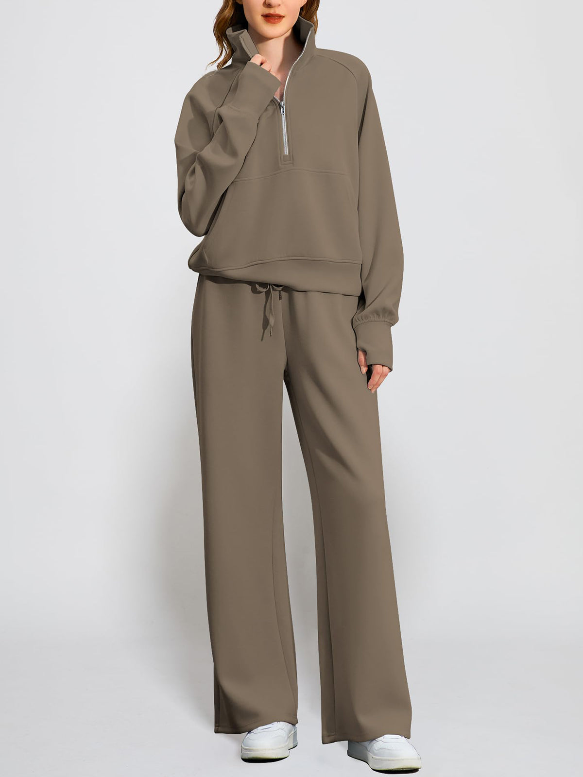 Women's Oversized Half Zip Wide Leg 2 Piece Outfits Lounge Set